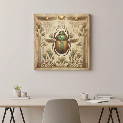 Golden scarab Egyptian canvas — luxury museum-grade renewal artifact wall art for luxe living room