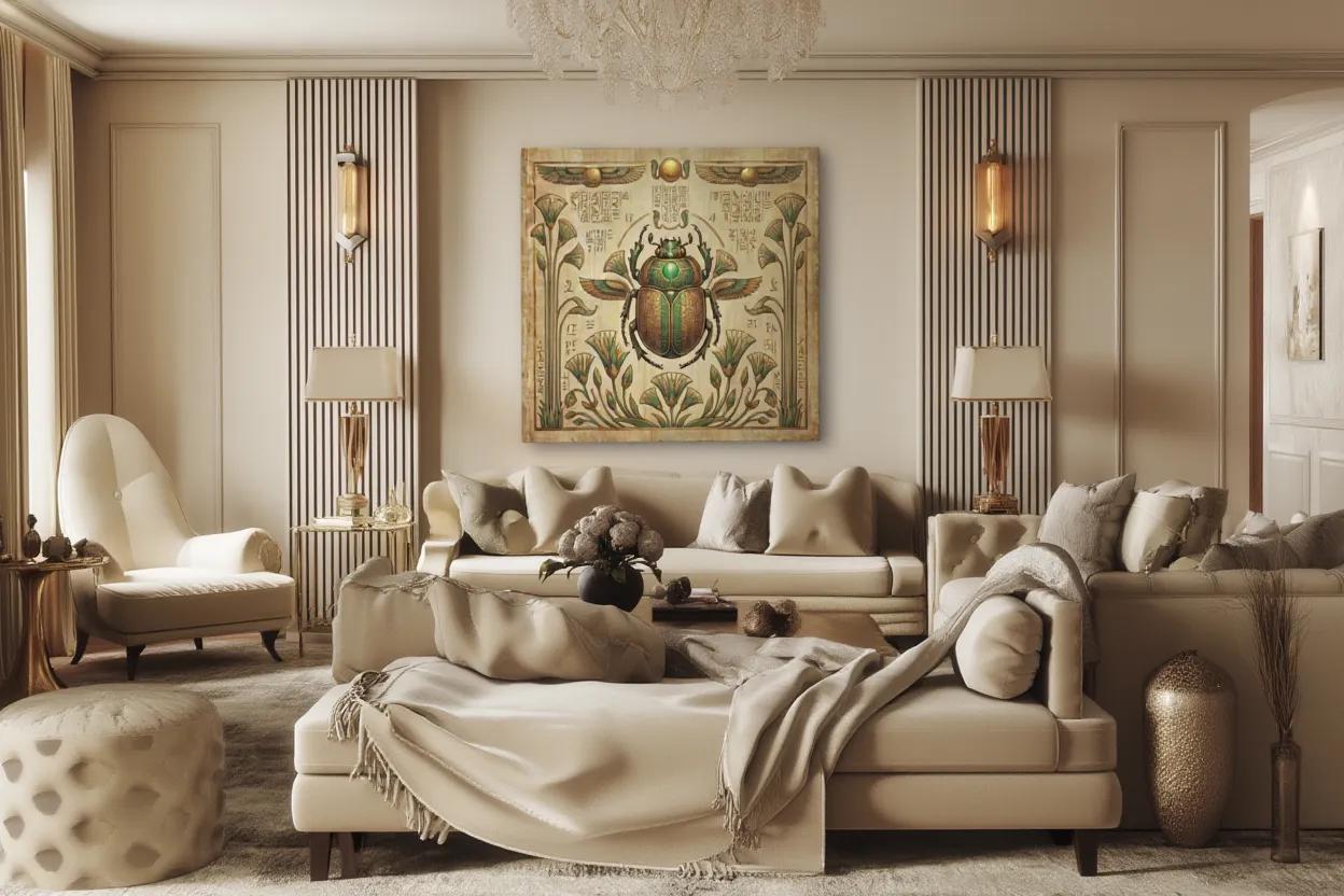 Golden scarab Egyptian luxury canvas in dining room with brass pendant and marble accents
