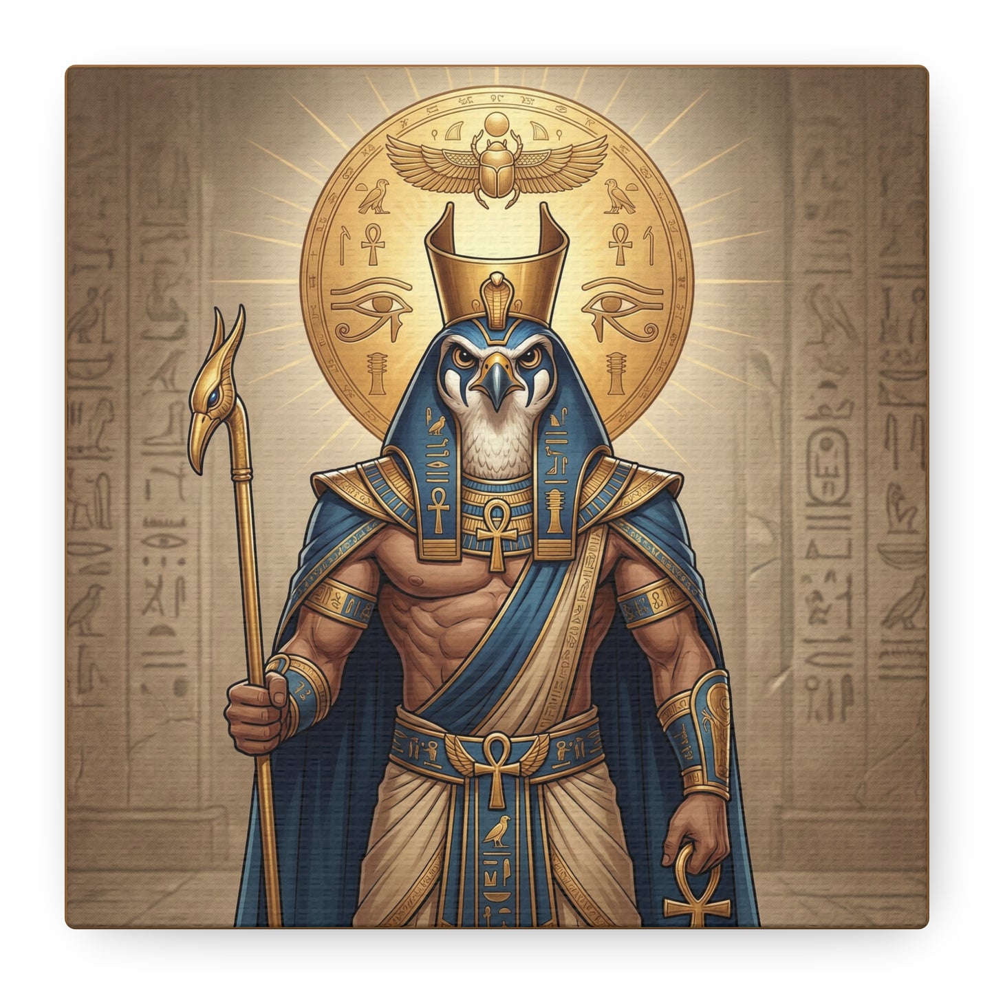 Egyptian Horus sun disc canvas above sacred altar with candles in spiritual meditation room