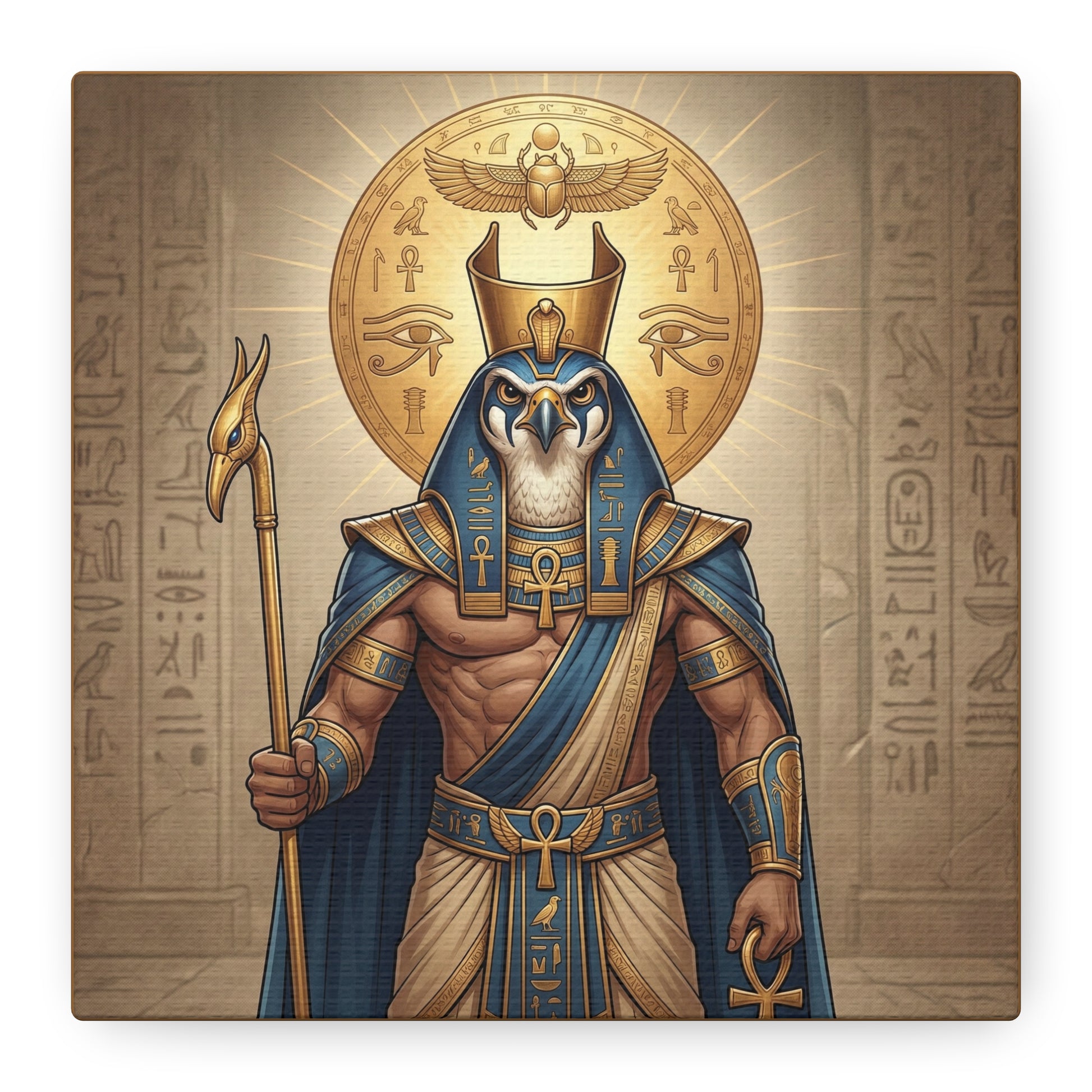 Egyptian Horus sun disc canvas above sacred altar with candles in spiritual meditation room