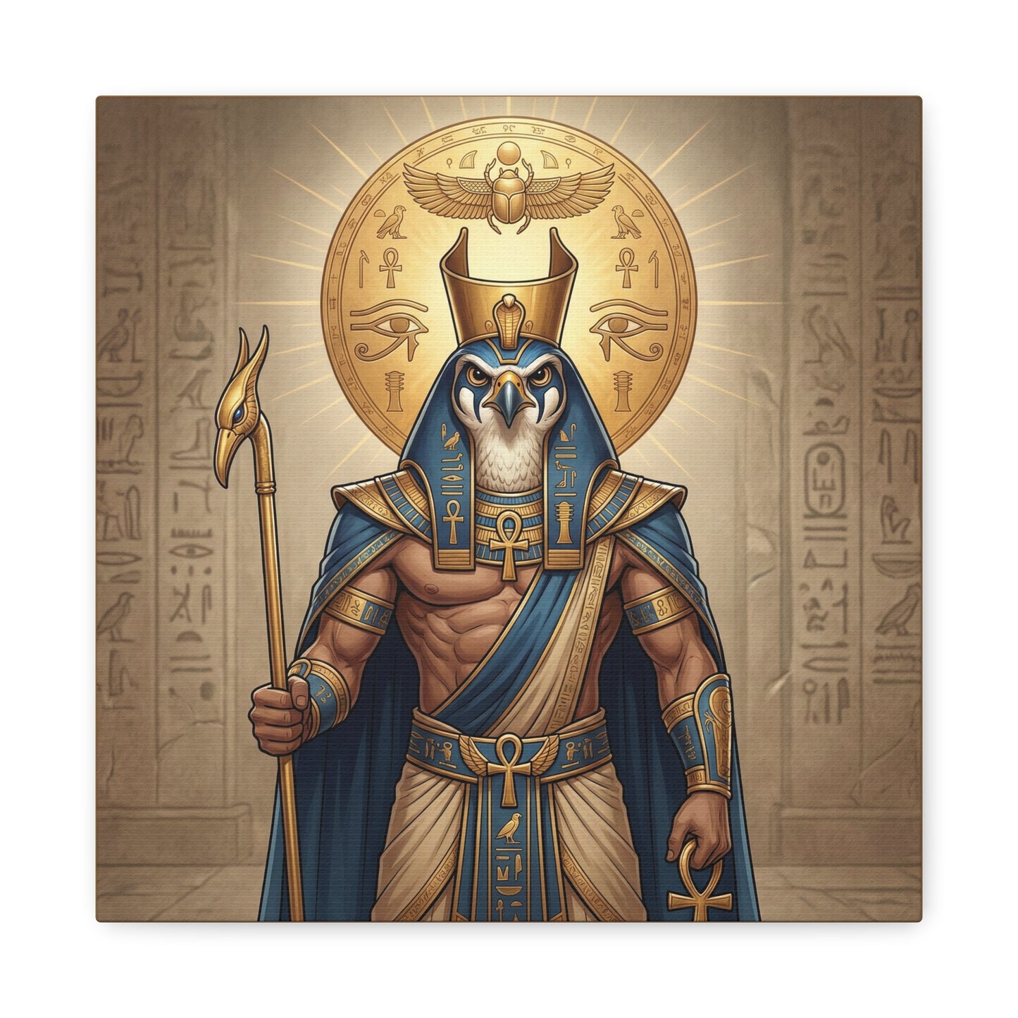 Egyptian Horus and sun god canvas in modern entryway with brass console