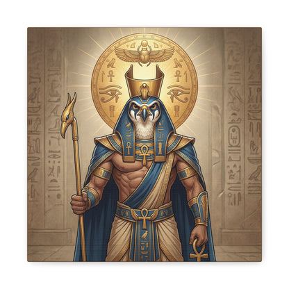 Egyptian Horus and sun god canvas in modern entryway with brass console
