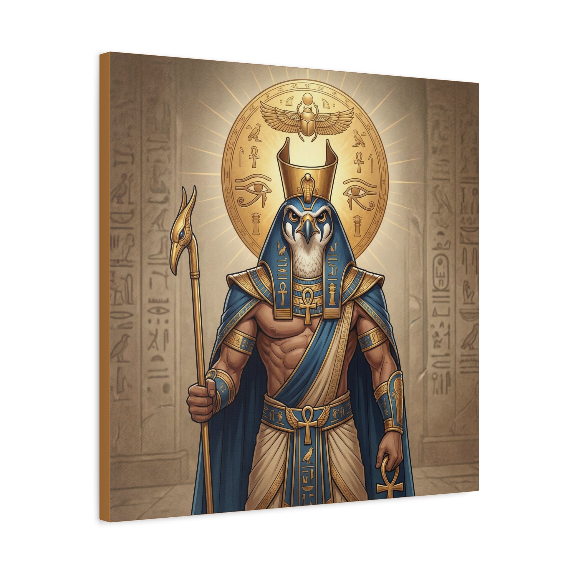 Egyptian falcon god Horus canvas in dining room with brass pendant and Egyptian decor