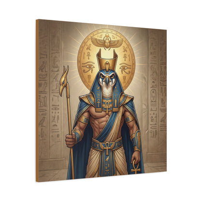Divine masculine Horus sun disc canvas in modern bedroom above mid century dresser