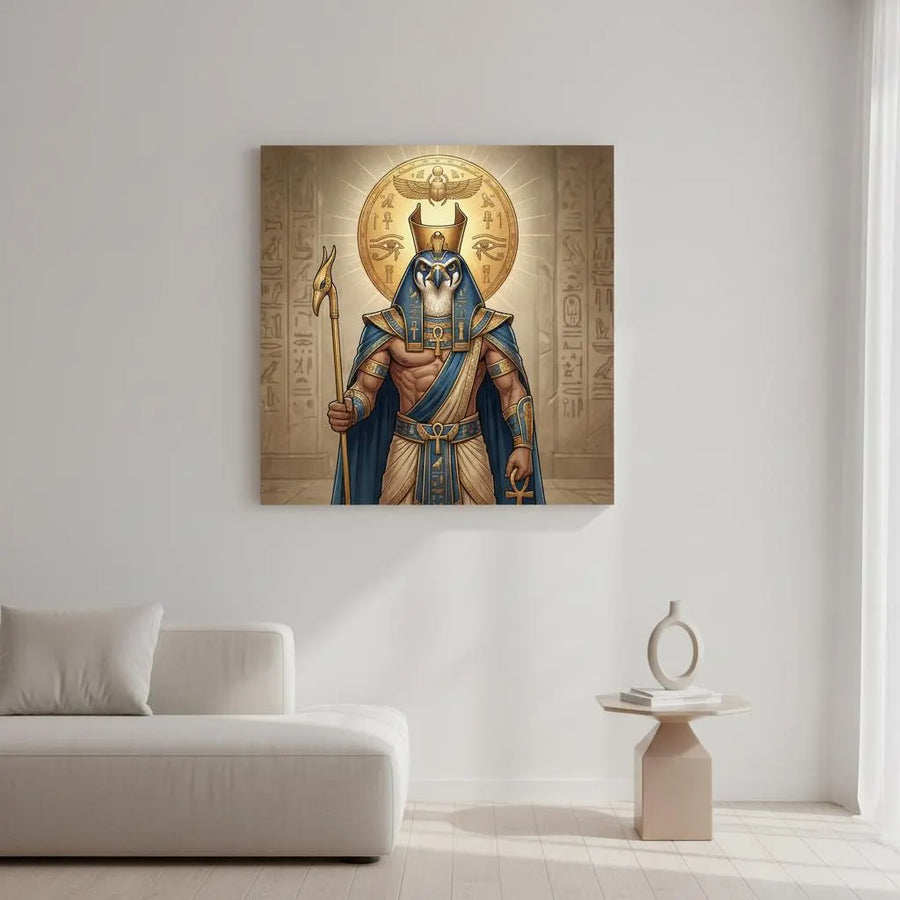 Horus and Ra Egyptian canvas behind oak desk in masculine home office — divine power decor