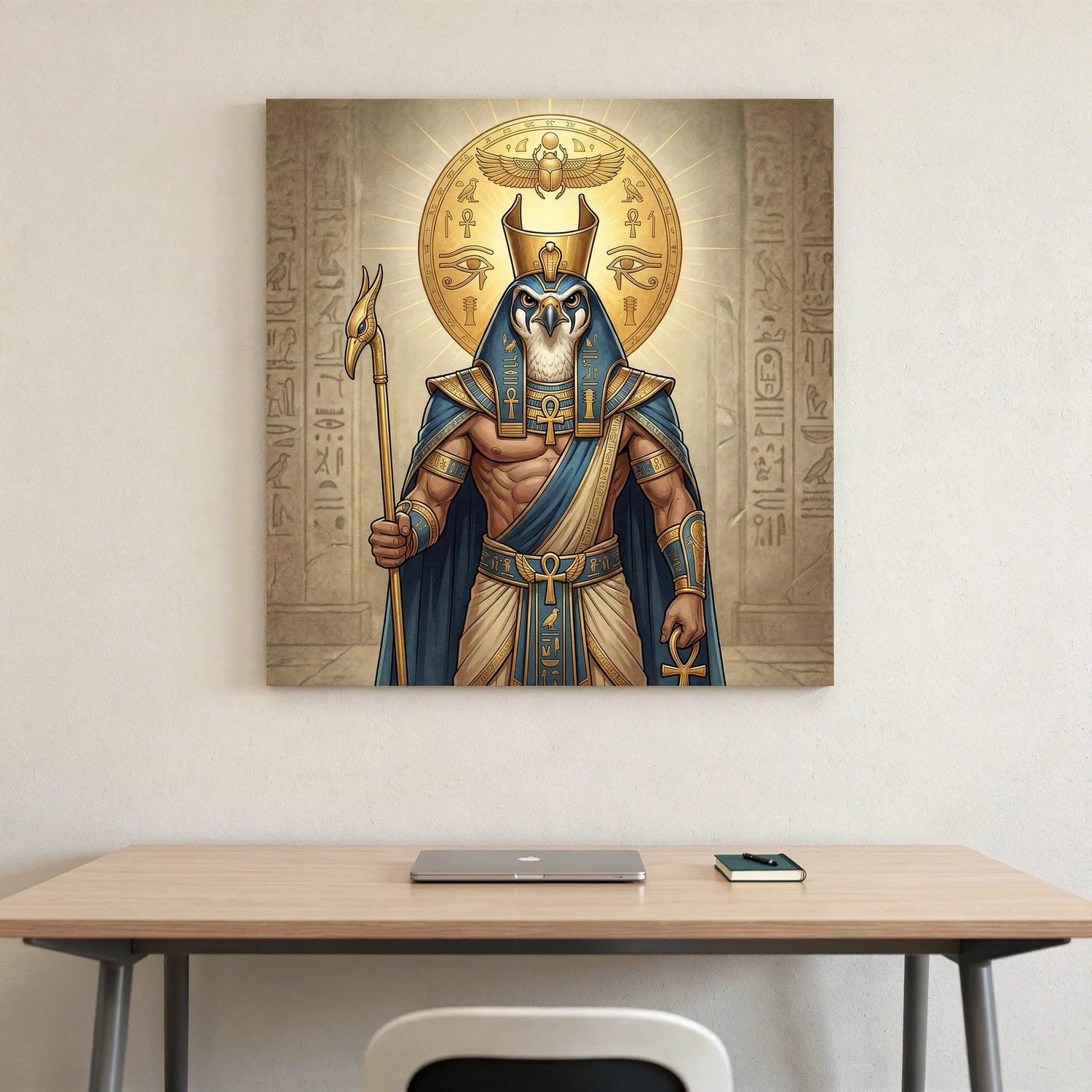 Elegant canvas art of Horus and the Sun Disc, showcasing divine Egyptian energy in a luxurious design by NS-TRENDY.