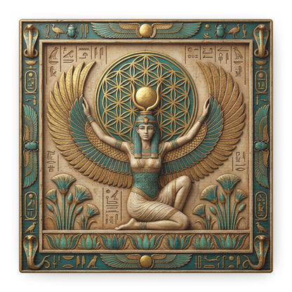 Egyptian Isis wings canvas spread above queen bed in calming feminine bedroom interior