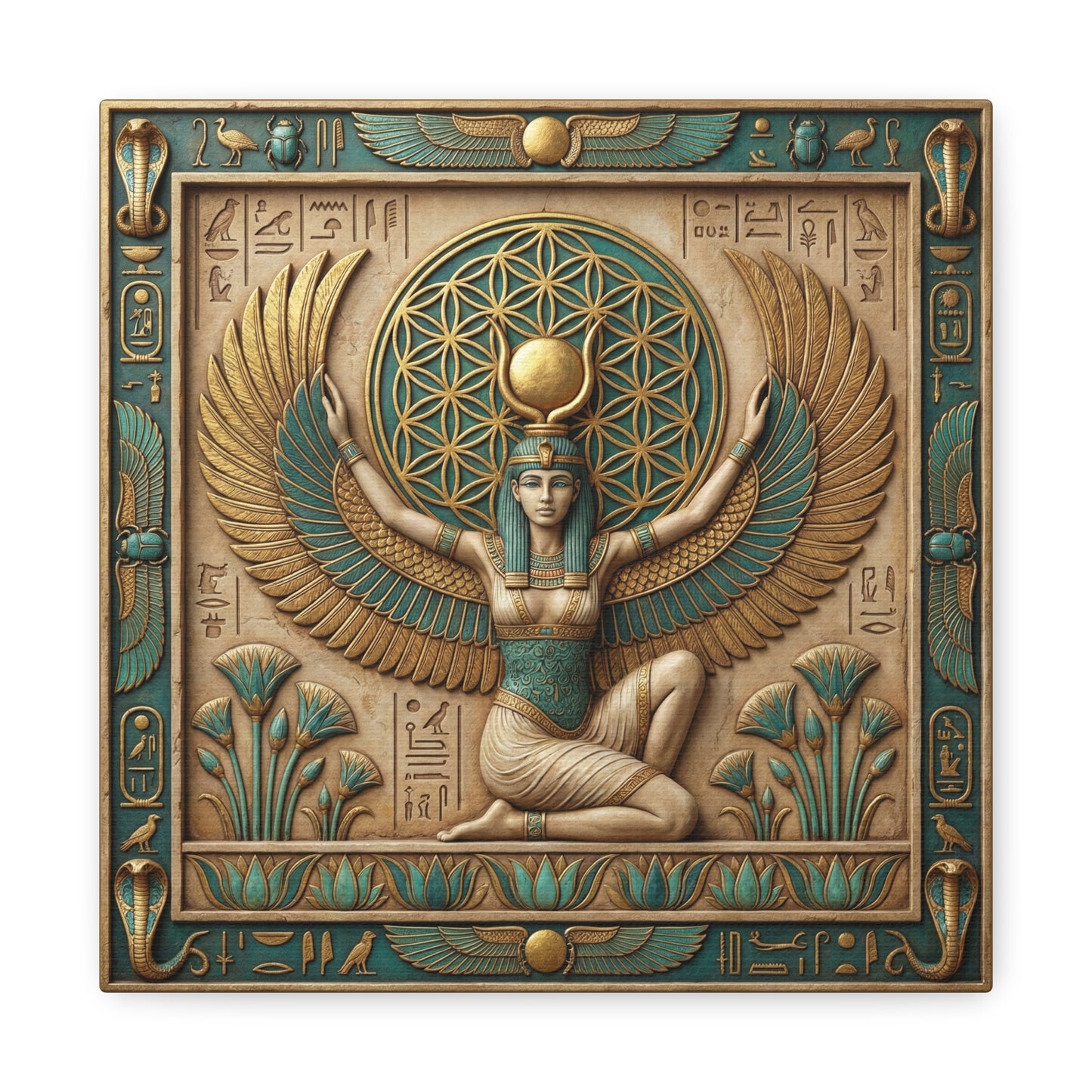 Egyptian Isis wings protection canvas above sacred altar with candles and crystals