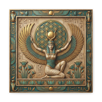 Egyptian Isis wings protection canvas above sacred altar with candles and crystals