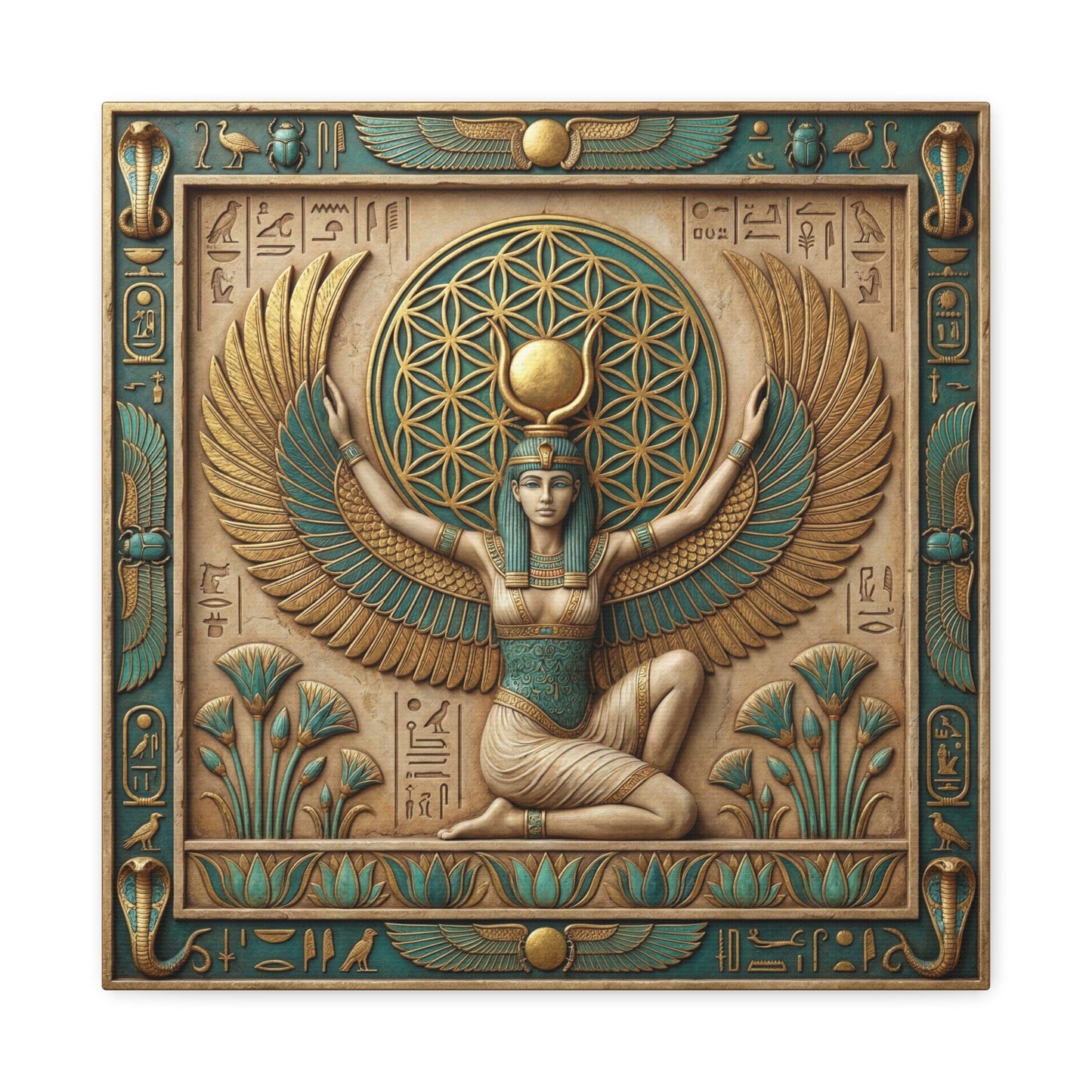 Isis wings goddess canvas above mid century modern dresser in feminine bedroom