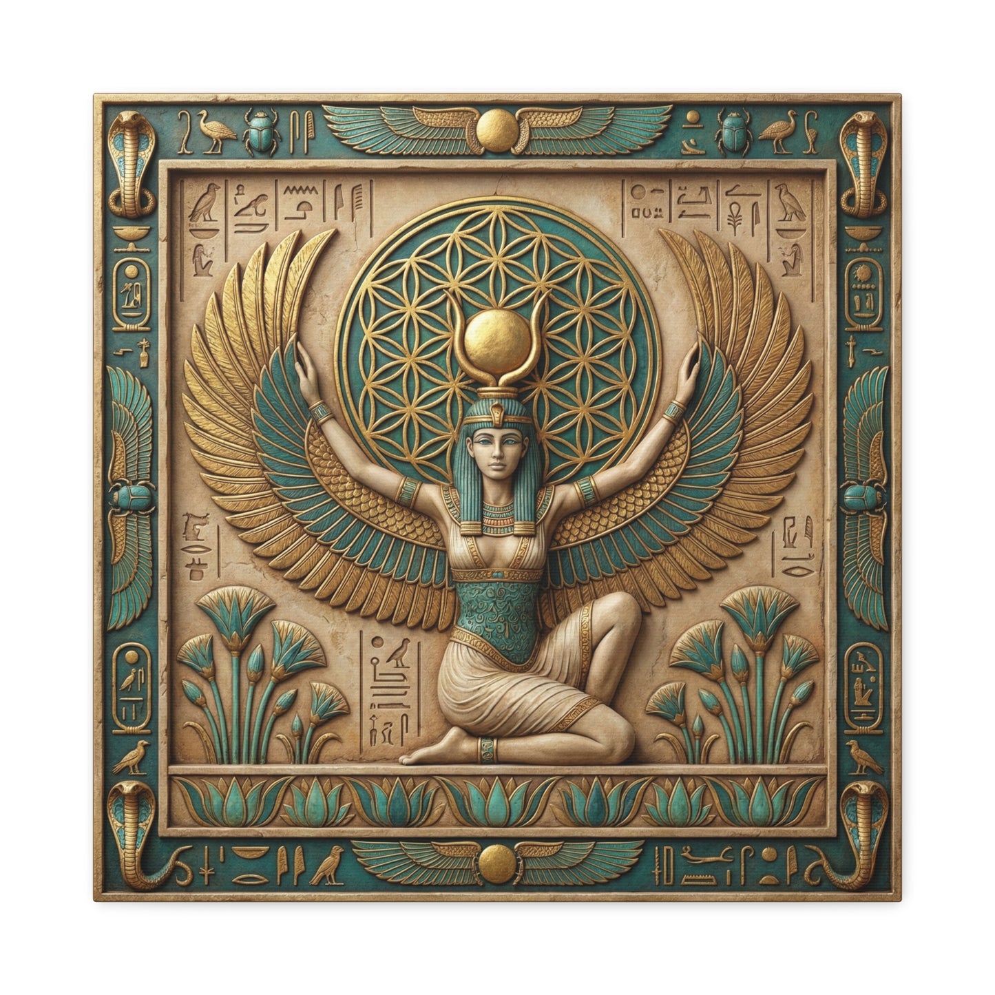 Close-up matte canvas texture detail on Isis wings divine feminine Egyptian protection print
