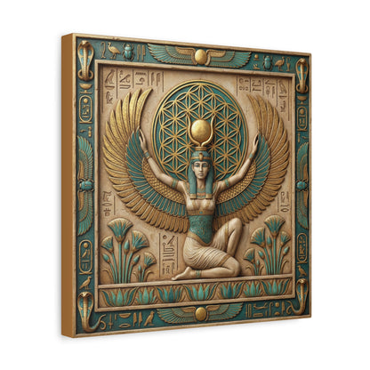 Isis wings Egyptian canvas above yoga mat in spiritual meditation studio with sacred decor