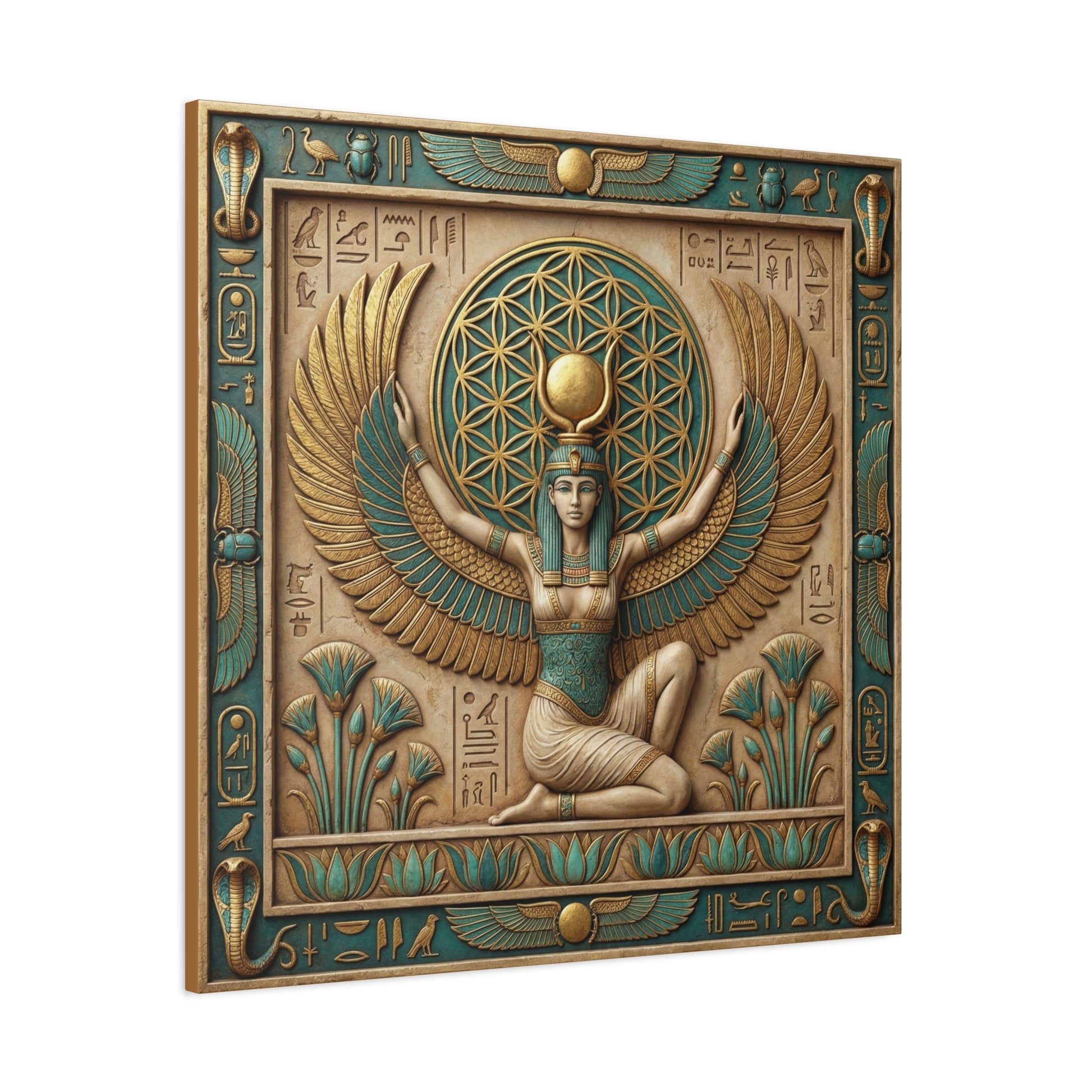 Isis wings of protection canvas in modern feminine living room above linen sofa with boho decor