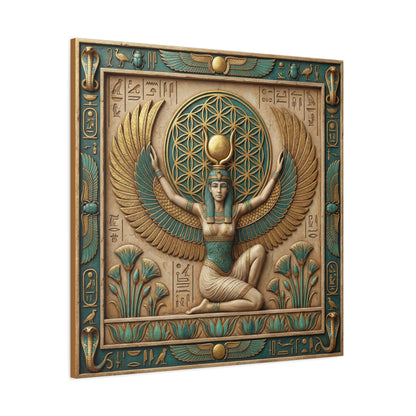 Isis wings of protection canvas in modern feminine living room above linen sofa with boho decor