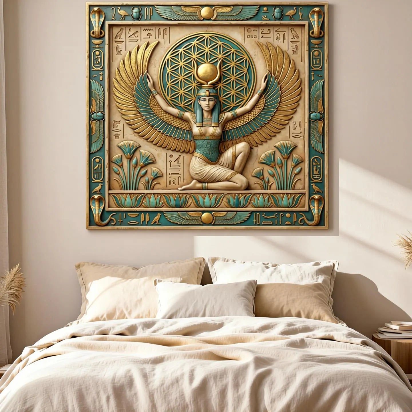 Isis wings divine feminine canvas in healing room with linen pillows and soft natural light