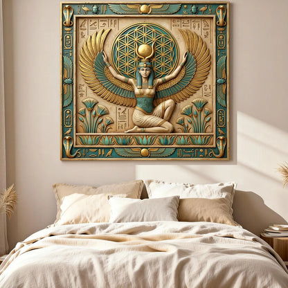 Isis wings divine feminine canvas in healing room with linen pillows and soft natural light