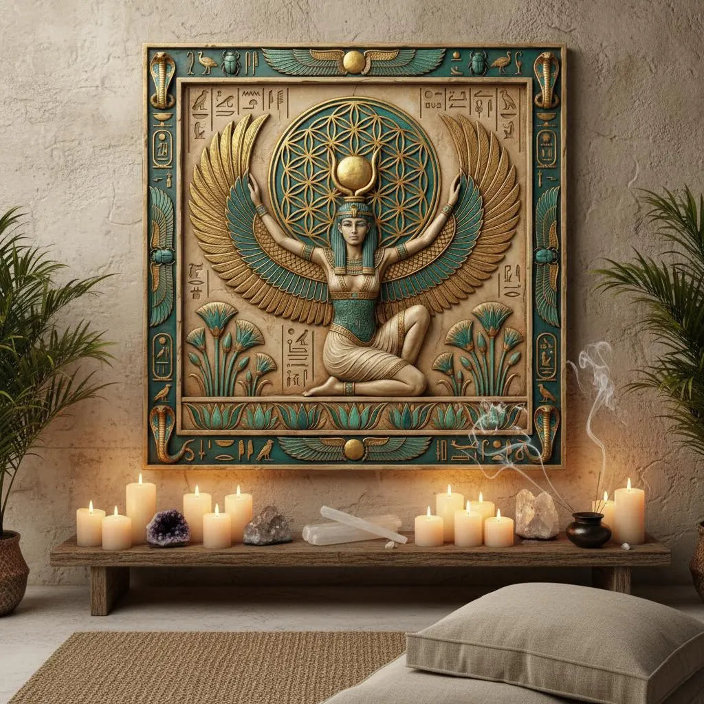 Isis Wings of Protection Egyptian canvas — divine feminine shield wall art for above bed and healing space