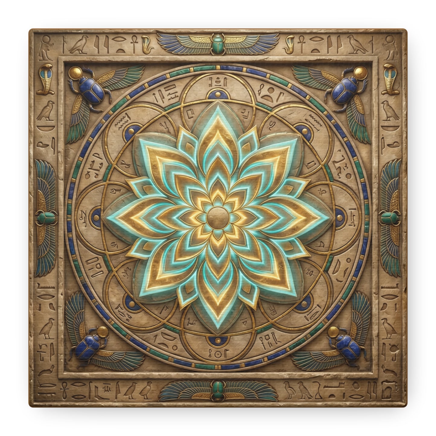 Egyptian lotus mandala canvas above yoga mat in dedicated yoga studio with neutral palette