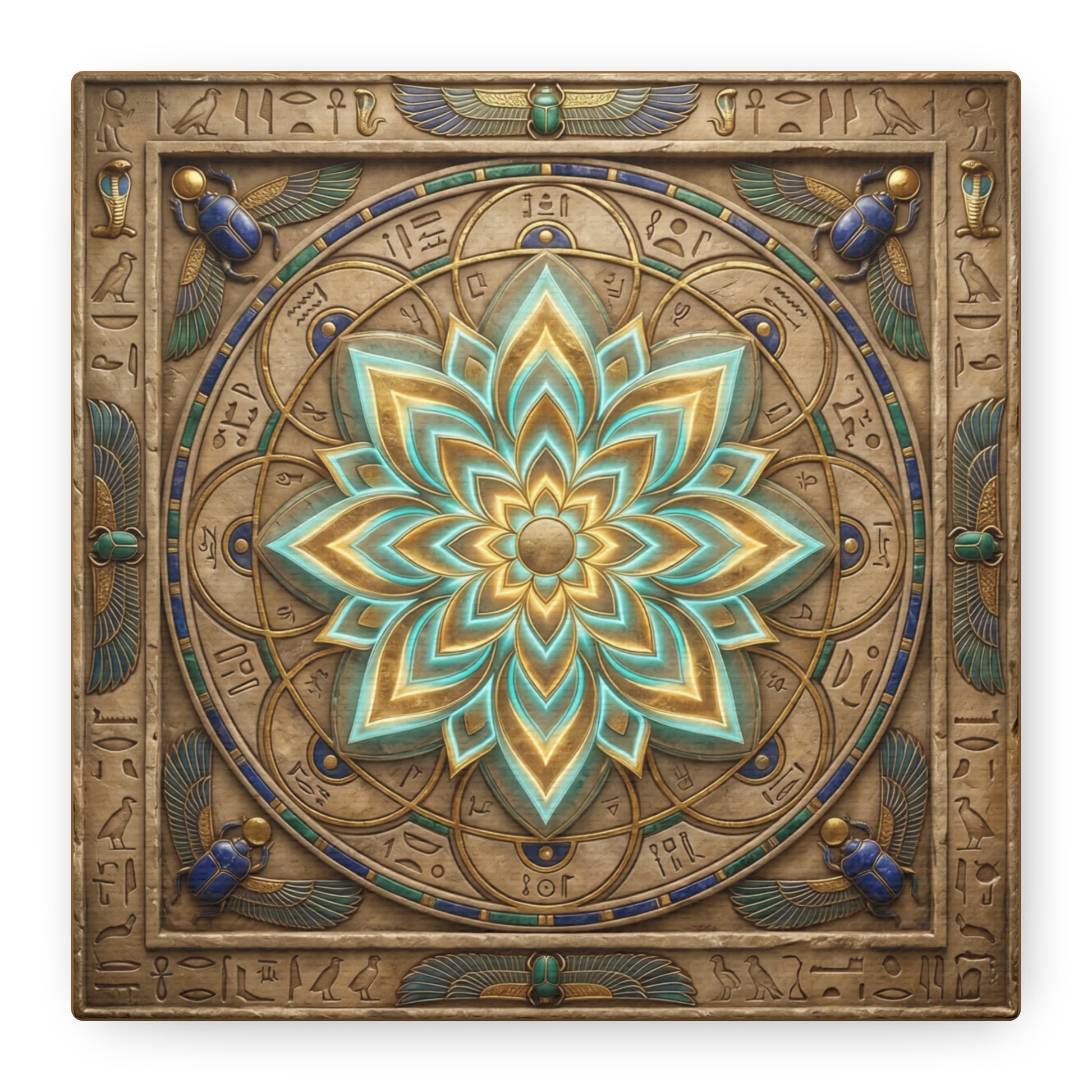Egyptian lotus mandala canvas above yoga mat in dedicated yoga studio with neutral palette