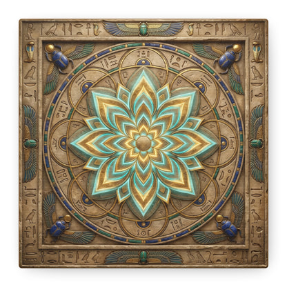 Egyptian lotus mandala canvas above yoga mat in dedicated yoga studio with neutral palette