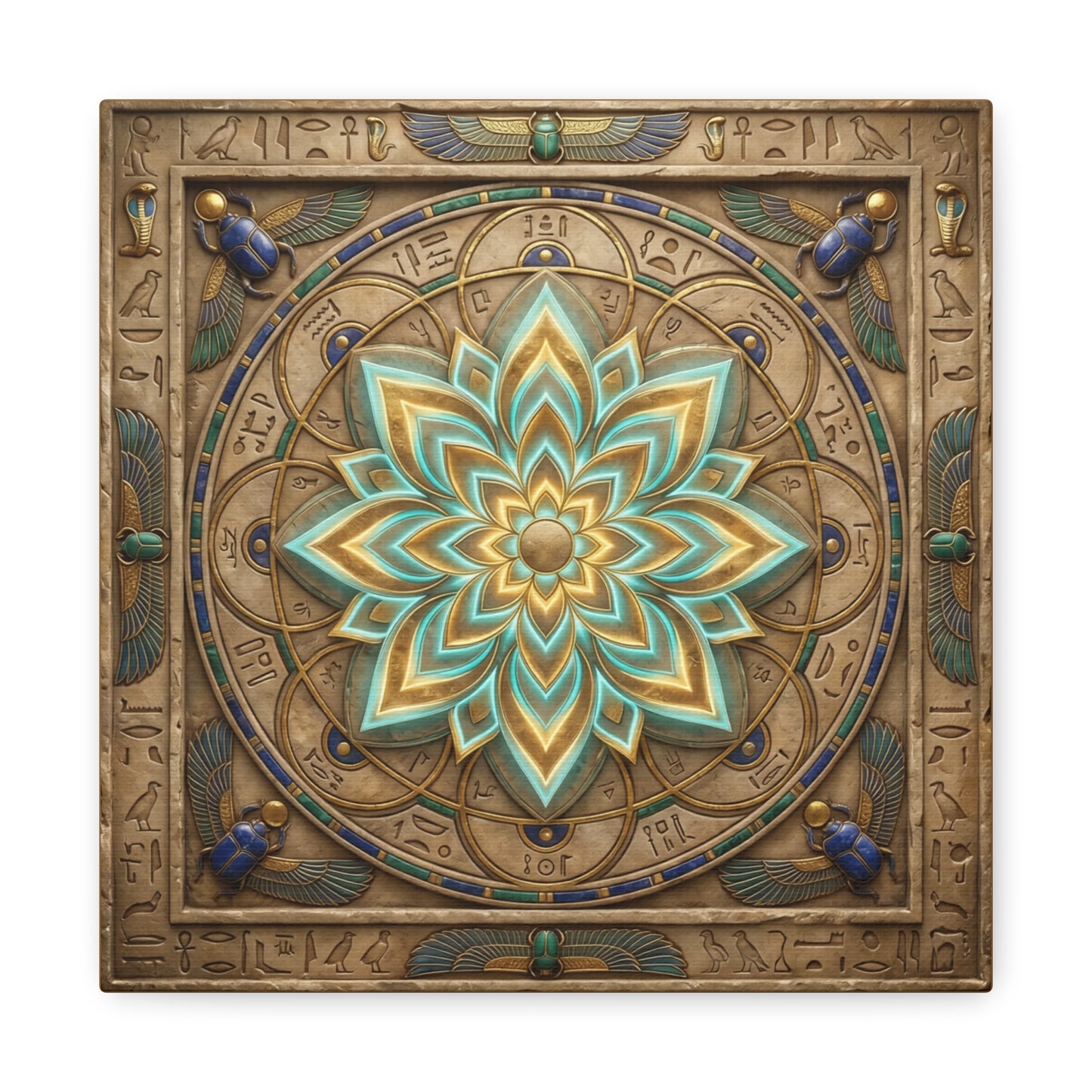 Egyptian mandala canvas in modern reading nook with linen armchair and warm minimalist decor