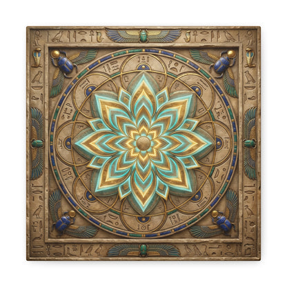 Egyptian mandala canvas in modern reading nook with linen armchair and warm minimalist decor
