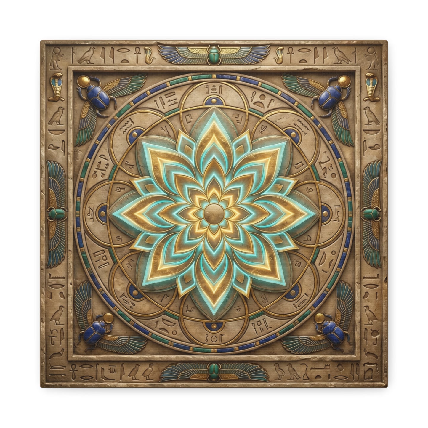Lotus mandala Egyptian canvas above sacred altar with candles — spiritual yoga studio decor