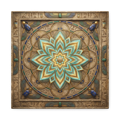 Lotus mandala Egyptian canvas above sacred altar with candles — spiritual yoga studio decor