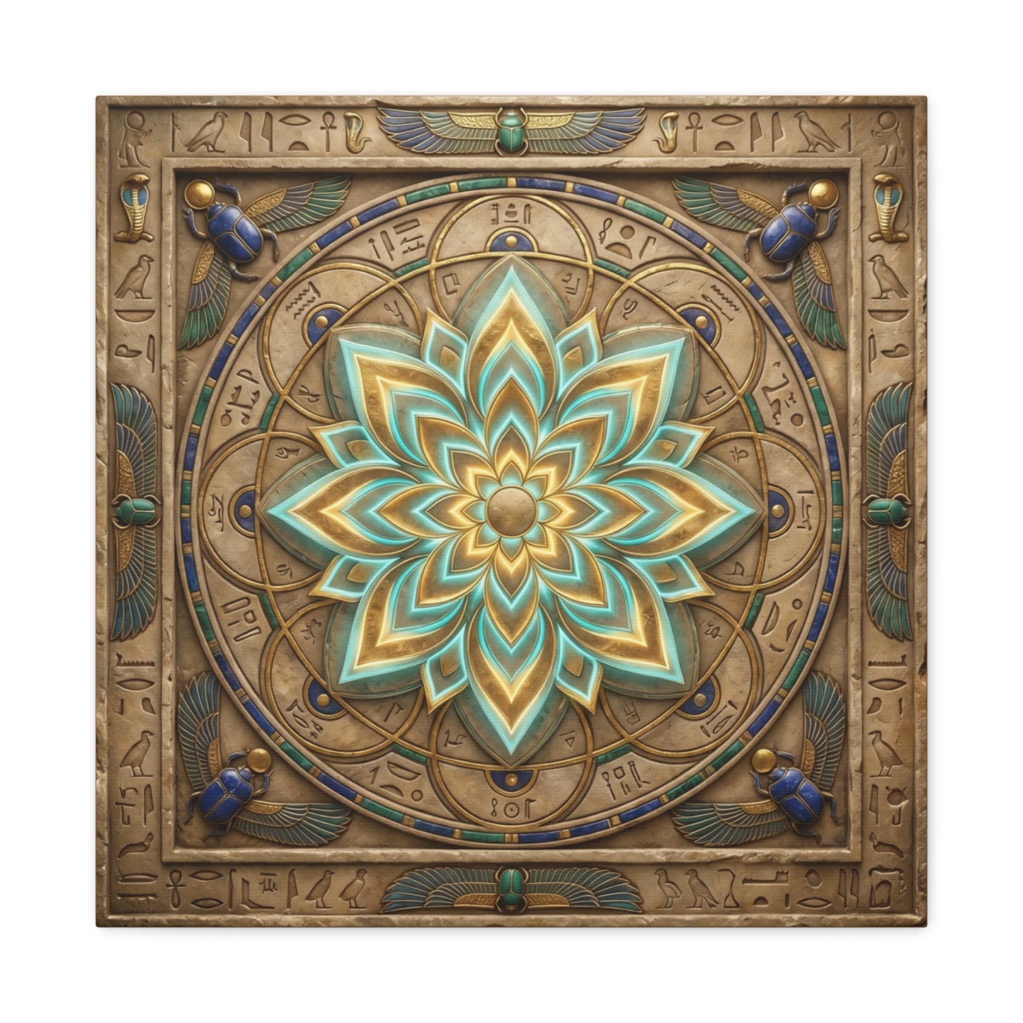 Close-up matte canvas texture detail on Egyptian lotus mandala sacred geometry print