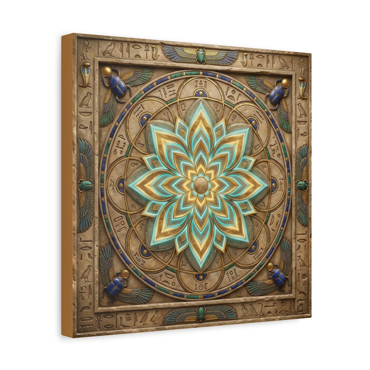 Egyptian lotus mandala canvas in feminine bedroom above mid century dresser — calming wall art