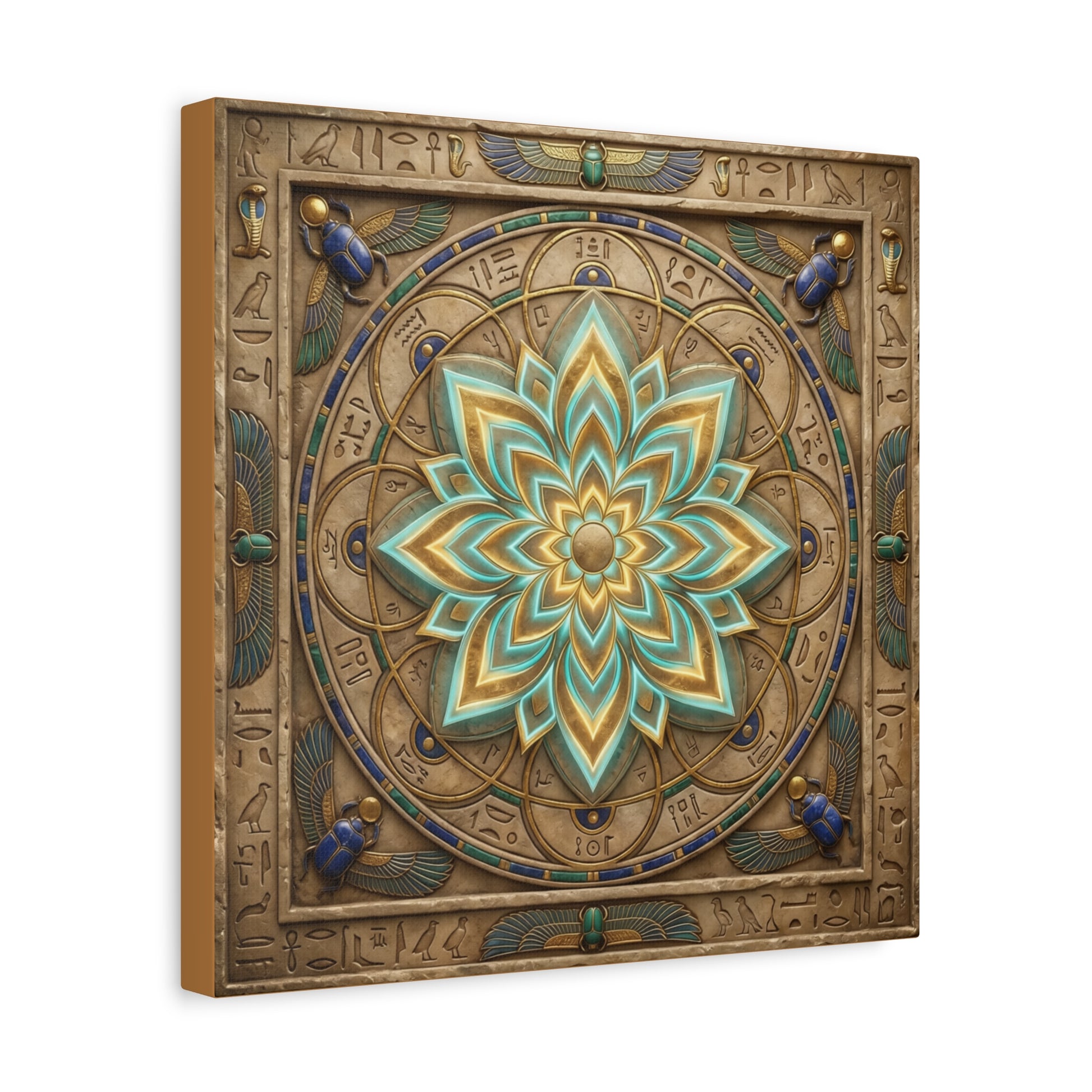 Egyptian lotus mandala canvas in feminine bedroom above mid century dresser — calming wall art