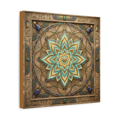 Egyptian lotus mandala canvas in feminine bedroom above mid century dresser — calming wall art