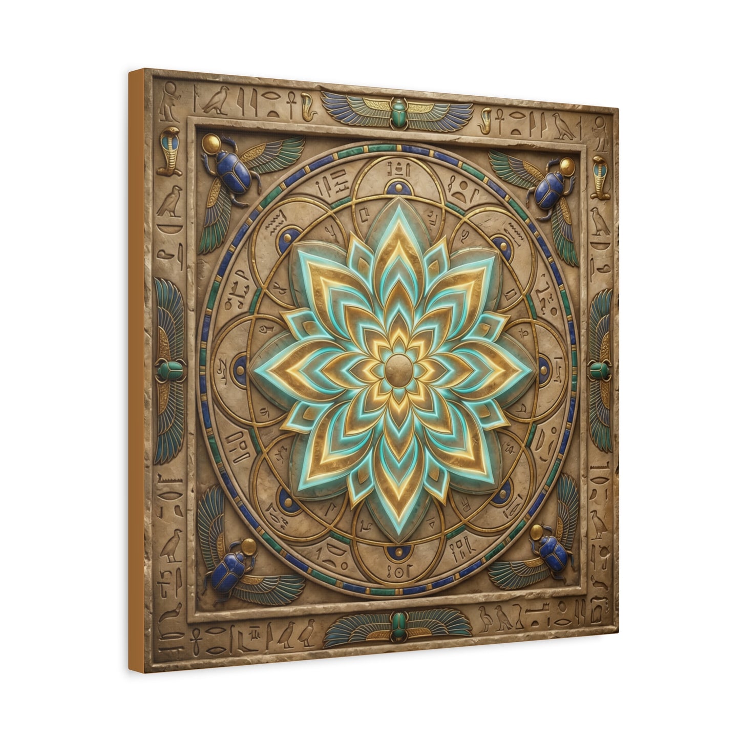 Egyptian sacred geometry lotus mandala canvas in yoga studio entryway with rattan accents