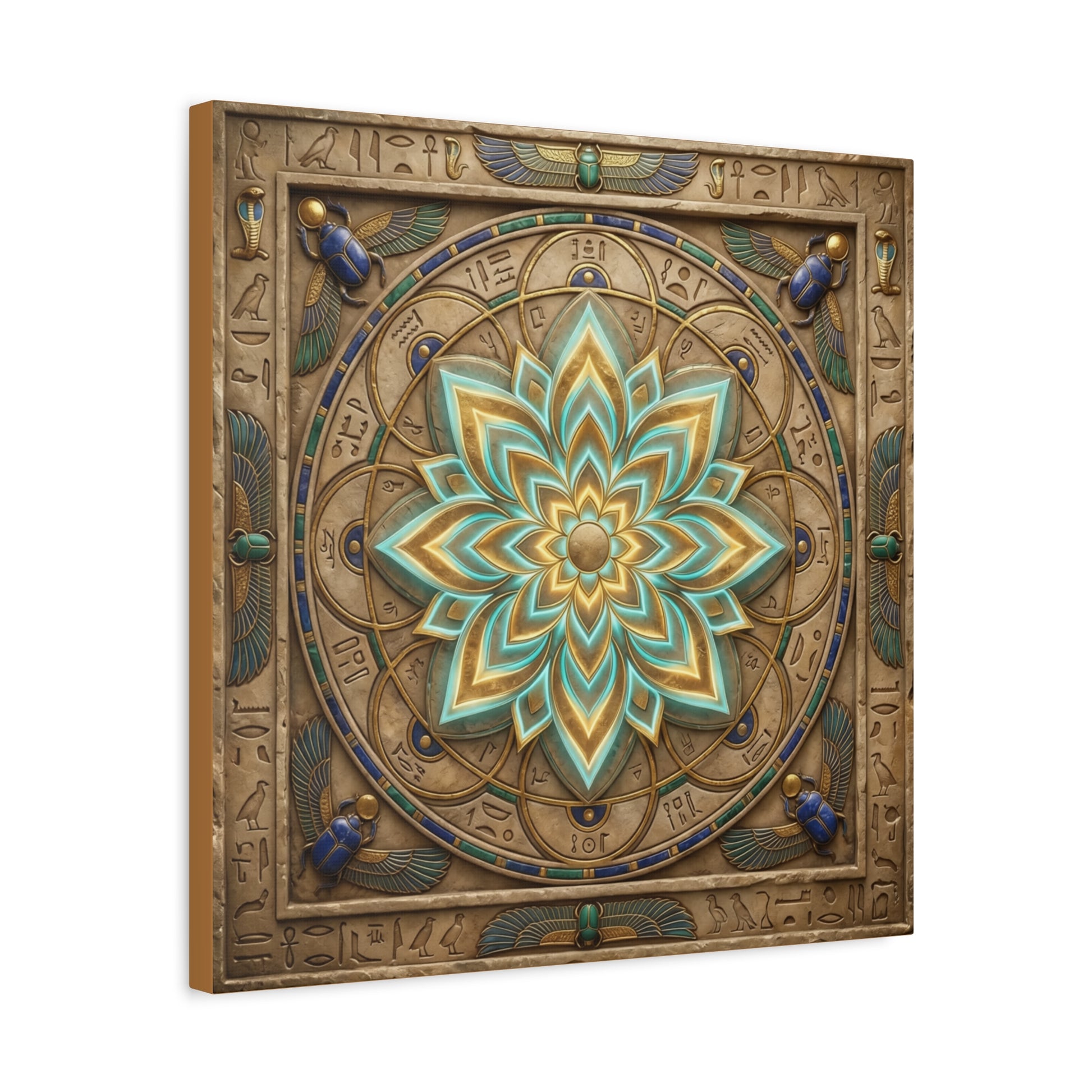 Egyptian sacred geometry lotus mandala canvas in yoga studio entryway with rattan accents