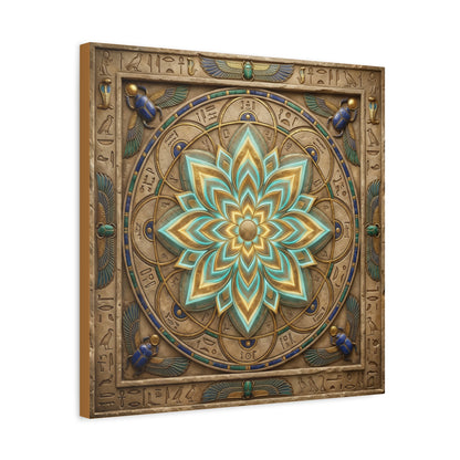 Egyptian sacred geometry lotus mandala canvas in yoga studio entryway with rattan accents