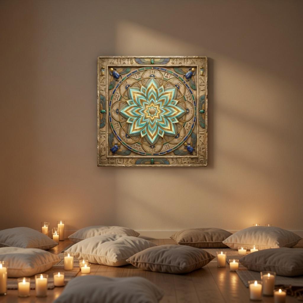 Lotus mandala canvas as gallery wall centerpiece with Kemetic Rebirth and Aten Sun three-piece set