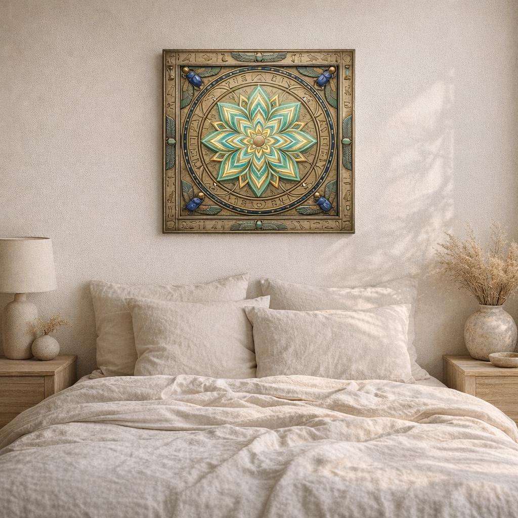 Lotus Awakening Mandala Egyptian canvas — sacred geometry yoga and meditation room wall art