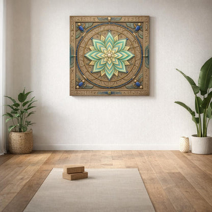 Lotus mandala sacred geometry canvas in meditation room with linen pillows and soft natural light