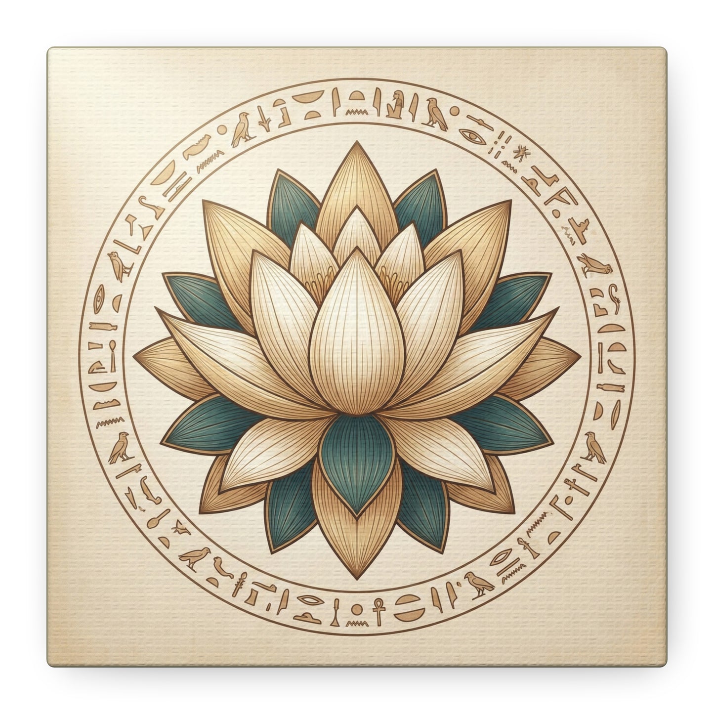 Egyptian temple lotus hieroglyphics canvas above sacred altar with candles in meditation room