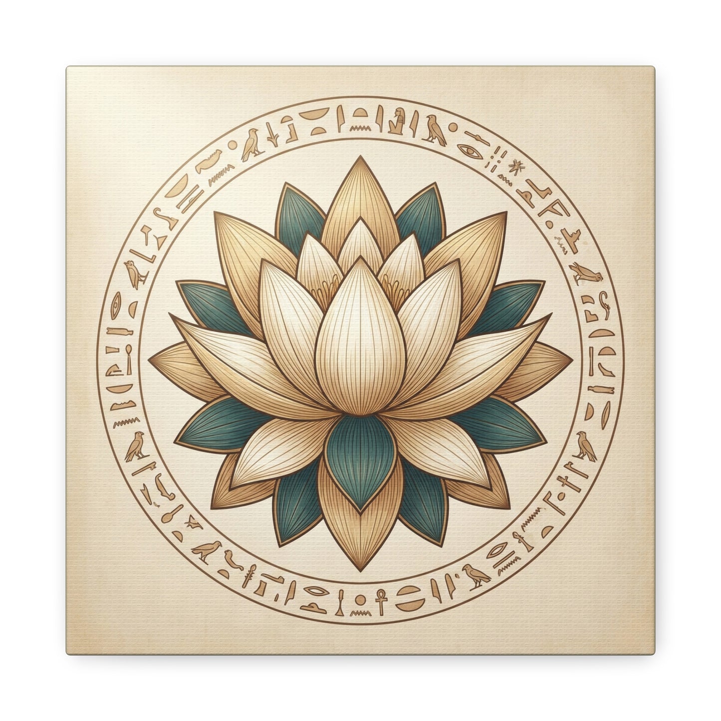 Sacred Egyptian lotus hieroglyphics canvas in meditation corner with linen pillows
