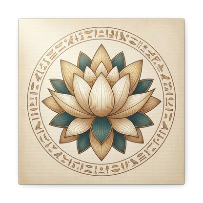 Sacred Egyptian lotus hieroglyphics canvas in meditation corner with linen pillows