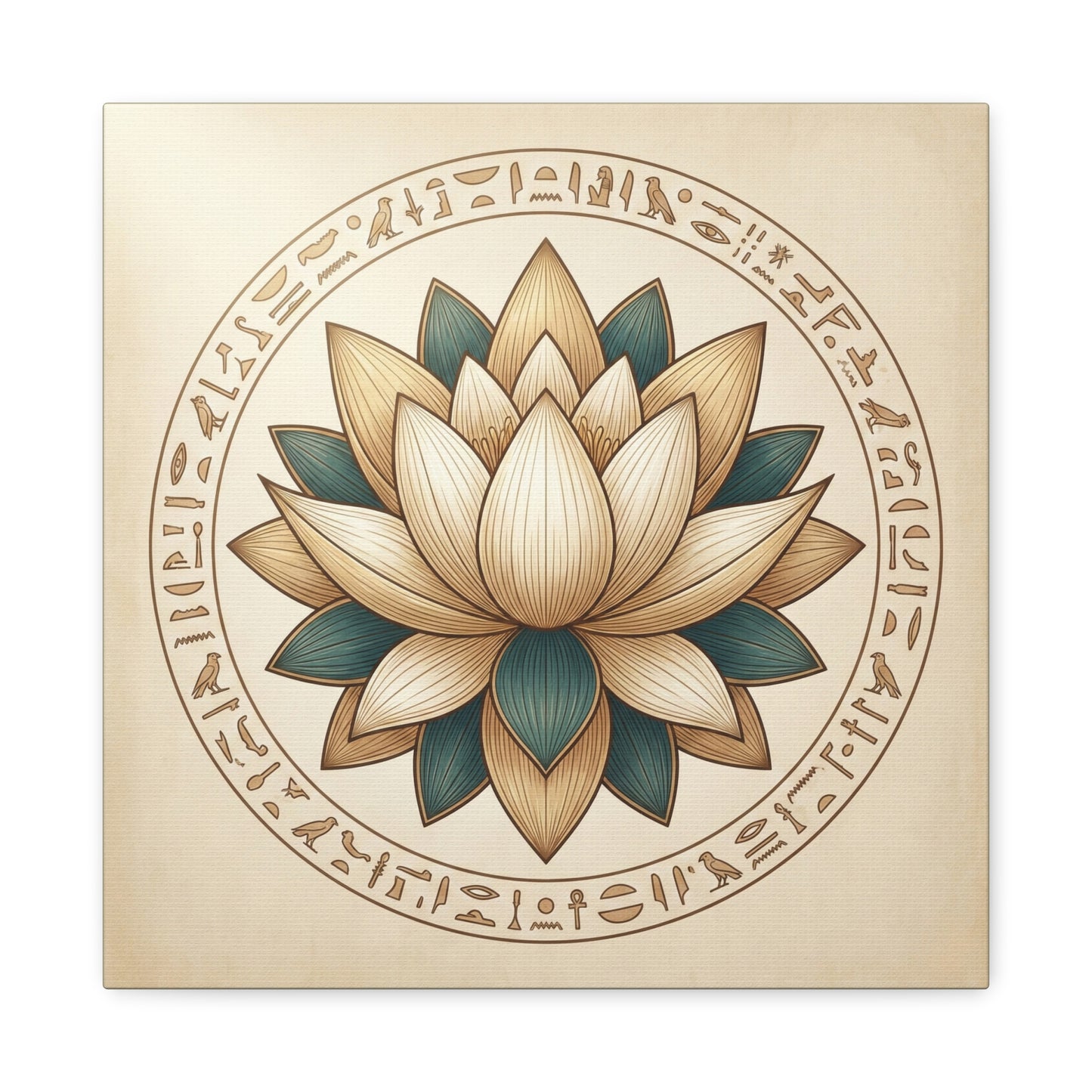 Egyptian temple lotus canvas above mid century modern dresser in spiritual bedroom