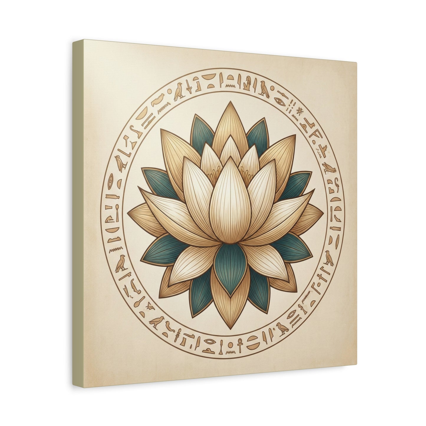 Egyptian temple wall art canvas in study with oak desk — lotus and hieroglyphics decor