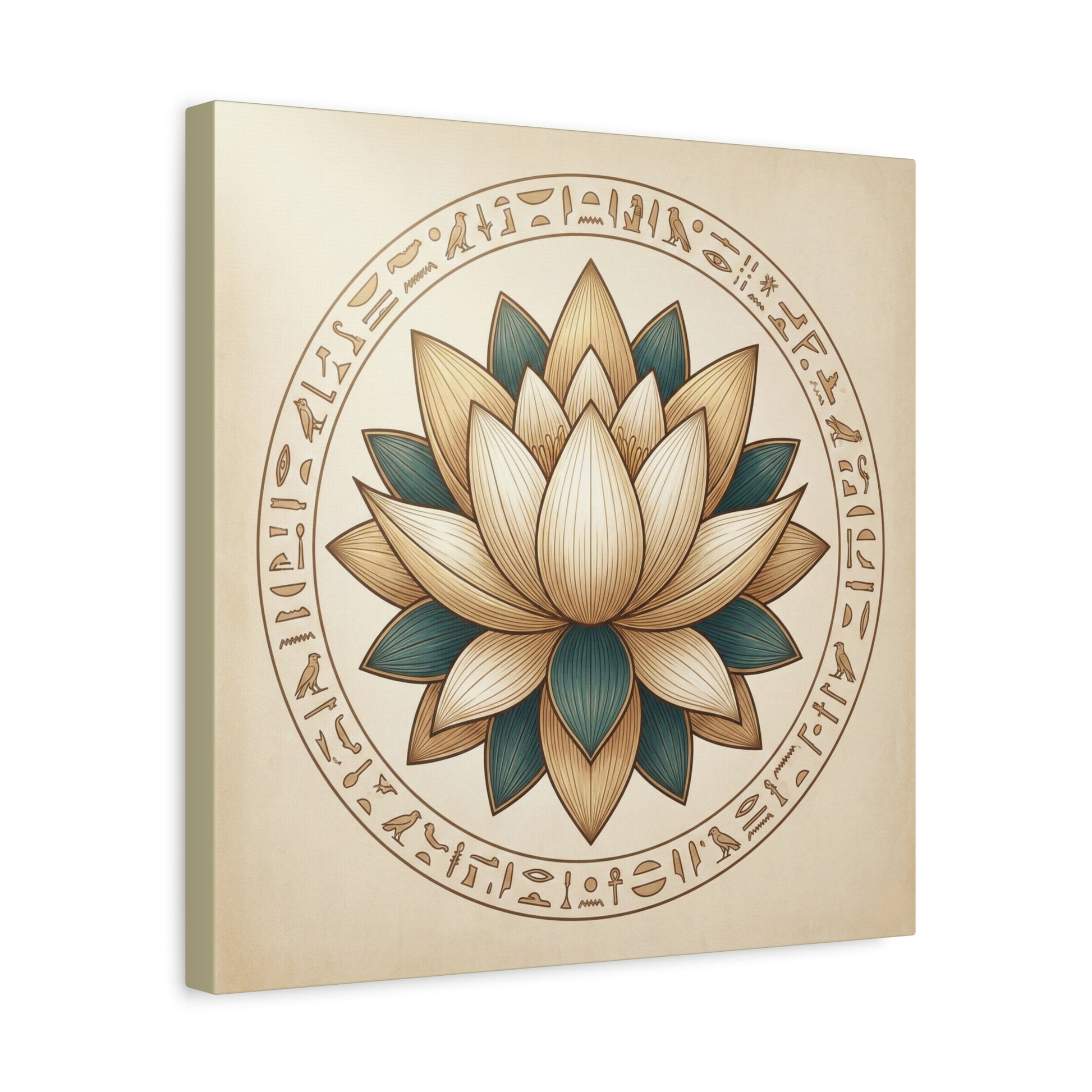 Egyptian temple wall art canvas in study with oak desk — lotus and hieroglyphics decor