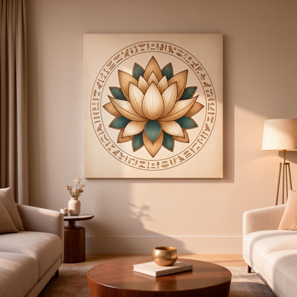 Lotus and hieroglyphics Egyptian canvas in modern living room above linen sofa with boho decor