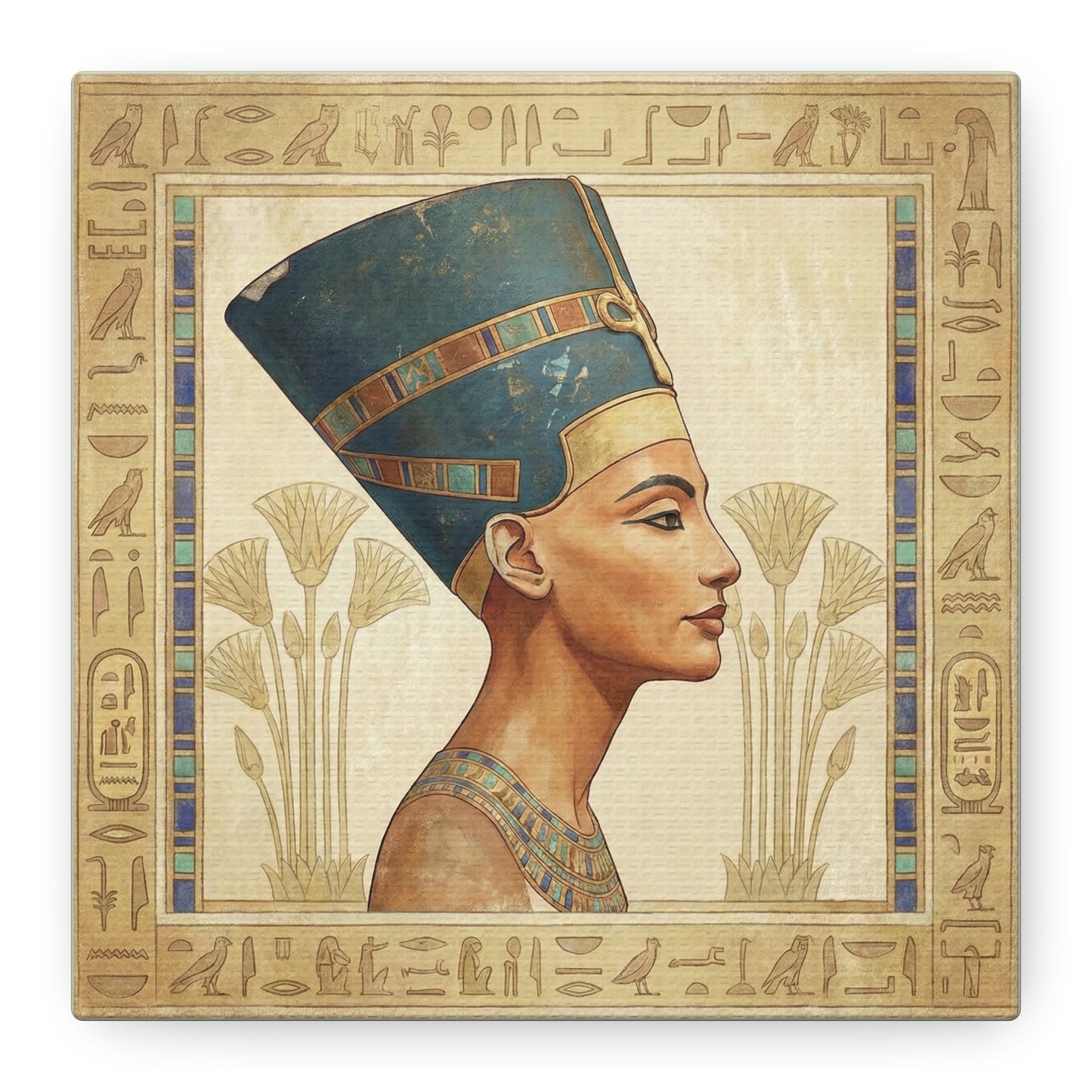 Egyptian queen Nefertiti canvas above feminine vanity with brass mirror and luxury decor