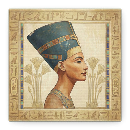 Egyptian queen Nefertiti canvas above feminine vanity with brass mirror and luxury decor