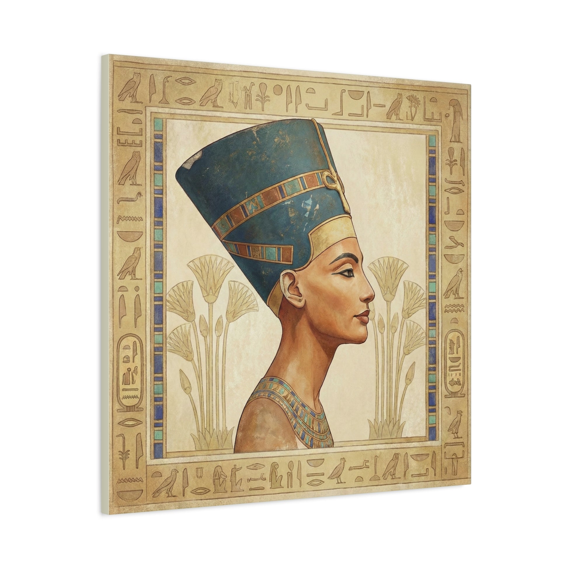Nefertiti Egyptian luxury canvas in hallway above brass console — statement feminine wall art
