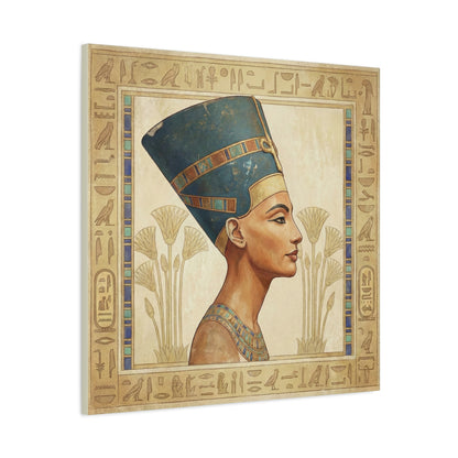 Nefertiti Egyptian luxury canvas in hallway above brass console — statement feminine wall art