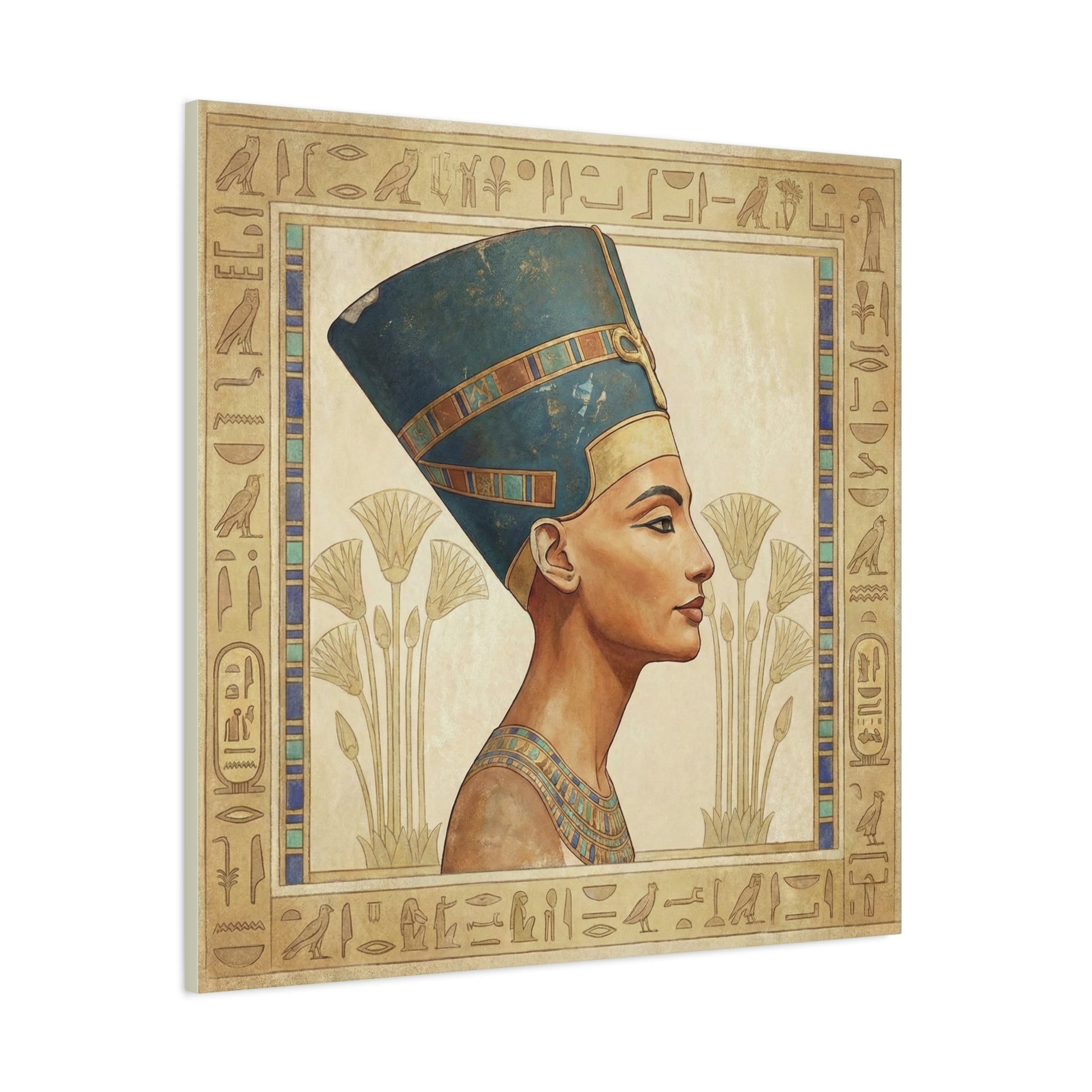 Nefertiti canvas in modern feminine workspace with mid century desk — boss babe Egyptian decor